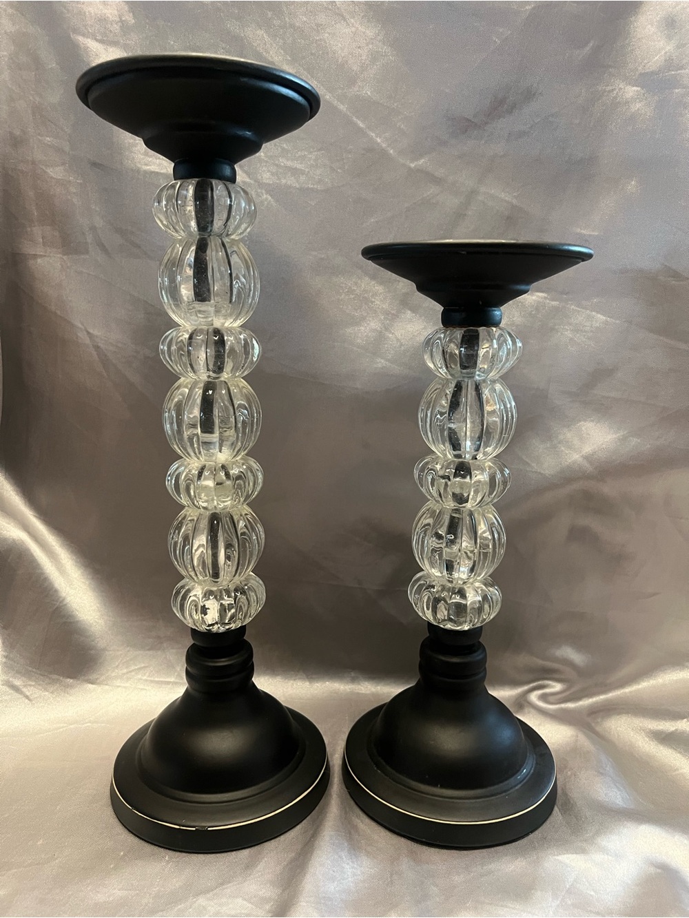 Black and Clear Glass Pillar Candle Holders - Set of 2